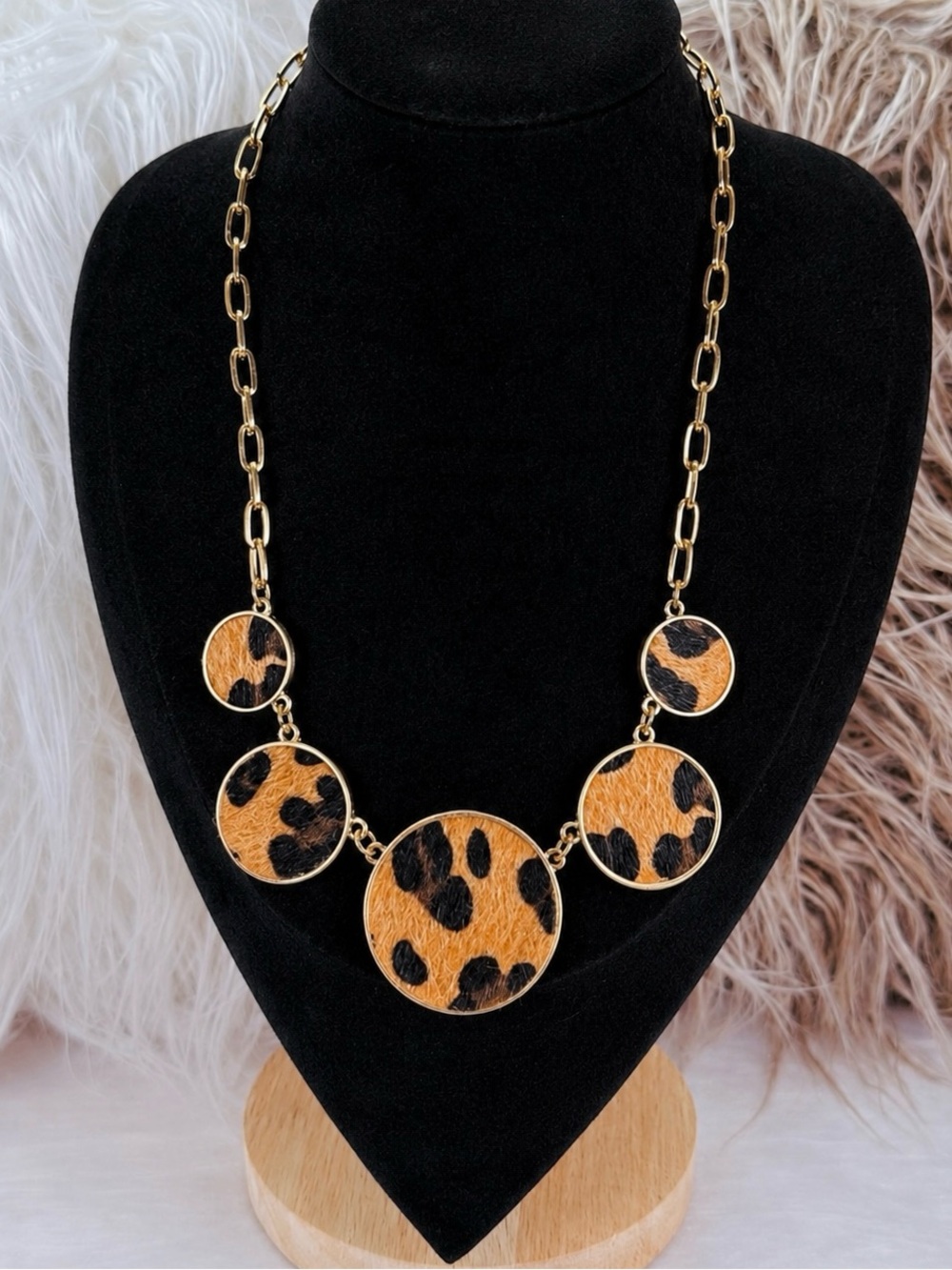 Vintage Leopard Print Pony Hair Disc Statement Necklace Gold Tone Chain